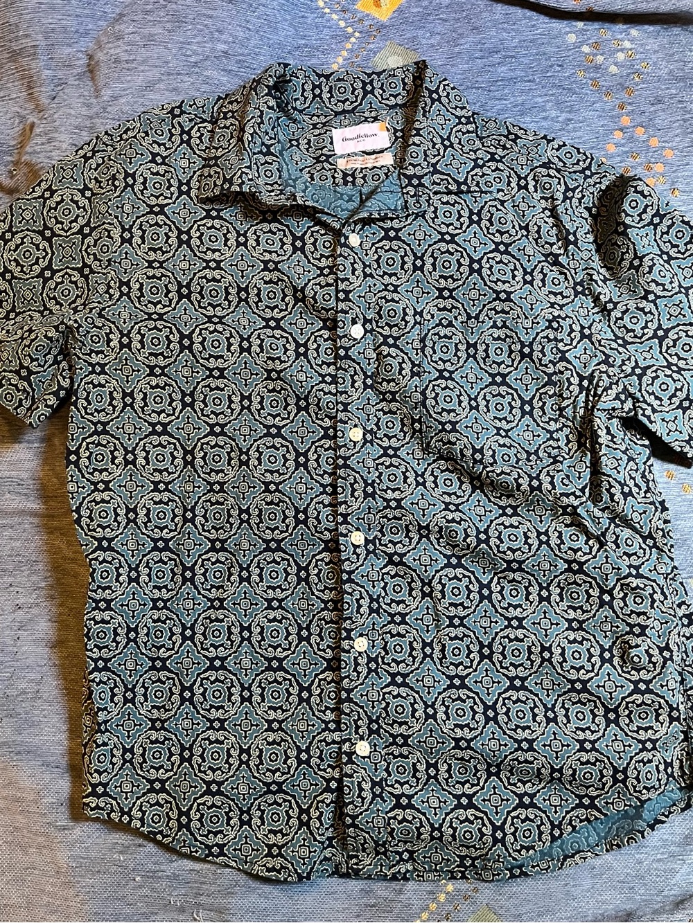 Goodfellow & Co Teal and Navy Geometric Short-Sleeve Button-Up Shirt